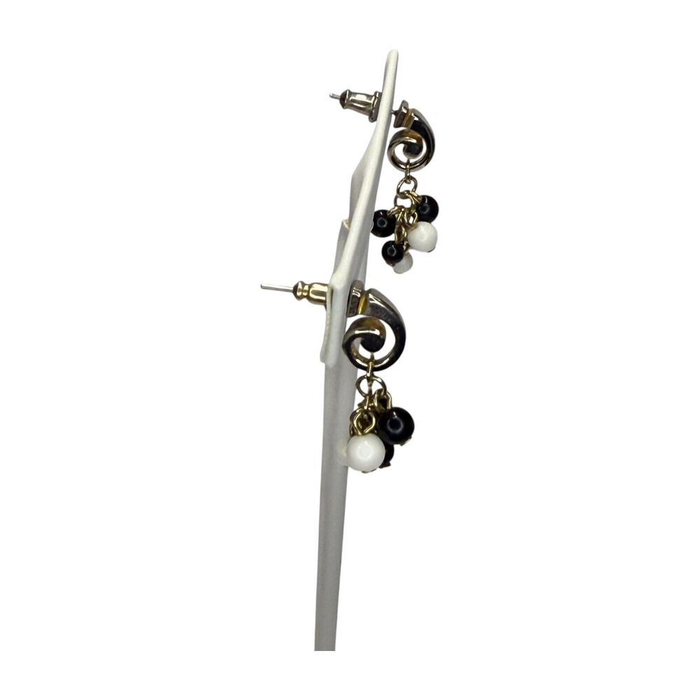 Vintage Silver-Tone Spiral Black White Cluster Beads Dangle Earrings Women's - Picture 4 of 5